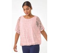 Roman Abstract Check Print Blouson Top for Women UK - Ladies Spring Everyday Summer Holiday Round Neckline Comfy Short Sleeve Soft Inner Vest Blouse Vacation Shirts - Light Pink - Size 10