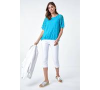 Roman Abstract Check Print Blouson Top for Women UK - Ladies Spring Everyday Summer Holiday Round Neckline Comfy Short Sleeve Soft Inner Vest Blouse Vacation Shirts - Turquoise - Size 10