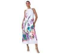 Roman Abstract Floral Pleat Detail Trapeze Dress for Women UK - Ladies Spring Everyday Summer Holiday Round Neckline Comfy Sleeveless Soft Midi Length Frock Vacation Gowns - Ivory - Size 18