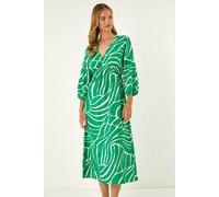 Roman Women Shirred Waist Dress Ladies Spring Everyday Summer Holiday V-Neckline Comfy 3/4 Sleeve Soft Tassle Detail Frock Vacation Gowns Chiffon Maxi Midi Wrap - Green Abstract - Size 12