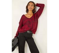 Roman Originals Abstract Jacquard V-Neck Jumper for Women UK - Ladies Everyday Autumn Winter V-Neckline Comfy Soft Evening Vacation Work Party Night Out - Red - Size ONE