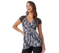 Roman Lace Trim Stretch Wrap Top for Women UK - Ladies Autumn Everyday Winter Holiday V-Neckline Comfy Sleeveless Soft Buckle Detail T-Shirt Dinner Date Shirts - Black White - Size 20