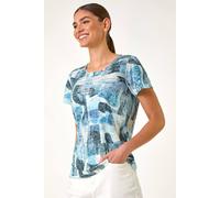 Roman Abstract Leaf Print Diamante Tee In Blue Blue 18