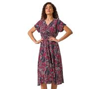 Roman Abstract Leaf Print Shirred Midi Dress In Burgundy Burgundy 10