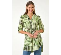 Roman Abstract Linear Print V-Neck Button Top In Green Green 10