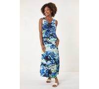 Roman Abstract Linen Mix Midi Dress In Blue Blue