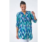 Roman Originals Shirt for Women UK Ladies Longline Top Collarless Blouse Smart Tunic Casual Evening Relaxed Fit 3/4 Length Sleeve Notch V Neck Long - Blue Green - Size 10