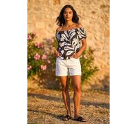 Roman Bardot Top Off Shoulder Blouse for Women UK - Ladies Floral Print Shirt Palm Leaf Tropical Ditsy Cold Shoulder Jersey Frill Cuff Summer Spring Holiday - Noir Abstract - Size 18