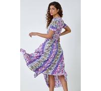 Roman Originals Shirred Empire Waist Dress for Women UK Ladies Midi Maxi Summer Spring Tiered Frill Hem Short Sleeve V Neck Button Through Boho Bohemian Holiday Cruise - Purple & White - Size 10