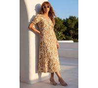 Roman Originals Swing Tea Dress Women UK Ladies Skater Midi A Line Fit & Flare Summer Casual Smart Cocktail Party Going Out Work Cruise Button Through Long Pocket - Abstract Camel - Size 20