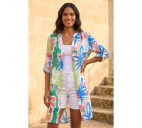 Roman Floral Print Longline Blouse for Women UK - Ladies Spring Everyday Summer Holiday V-Neckline Comfy Long Sleeve Soft Button Up Shirt Vacation Beach Tops - Abstract Peach - Size 18