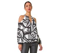Roman Abstract Print Cold Shoulder Stretch Top In Ivory Ivory 12