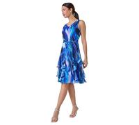 Roman Abstract Print Frill Detail Dress for Women UK - Ladies Spring Everyday Summer Holiday Scooped Neckline Comfy Sleeveless Soft Knee Length Frock Beach Vacation Gowns - Blue - Size 10