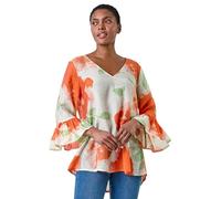 Roman Abstract Print Frill Detail Top for Women UK - Ladies Spring Everyday Summer Holiday V-Neckline Comfy 3/4 Sleeve Soft Relaxed Fit Shirt Daywear Vacation Blouses - Floral Orange - Size 20