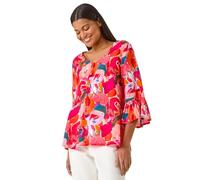 Roman Abstract Print Frill Detail Top for Women UK - Ladies Spring Everyday Summer Holiday V-Neckline Comfy 3/4 Sleeve Soft Relaxed Fit Shirt Daywear Vacation Blouses - Abstract Red - Size 14