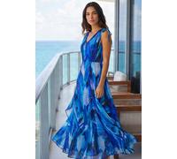 Roman Originals Sleeveless Abstract Print Maxi Dress for Women UK - Ladies Everyday Holiday Spring Summer V Neckline Comfy Soft Evening Vacation Work Party - Blue - Size 20