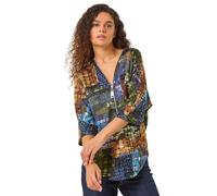 Roman Abstract Print Front Zip Stretch Top In Green Green 12