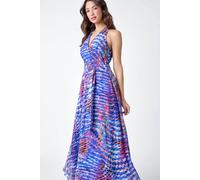 Roman Originals Floral Print Halterneck Maxi Dress for Women UK - Ladies Everyday Holiday Spring Summer V-Neckline Comfy Soft Evening Vacation Work Party - Blue Multi - Size 18