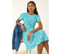 Roman Originals Abstract Print Jersey Dress for Women UK - Ladies Everyday Holiday Spring Summer Round Neckline Comfy Soft Evening Vacation Work Party - Aqua - Size 18