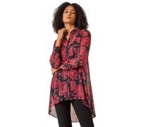 Roman Abstract Print Longline Blouse for Women UK - Ladies Autumn Everyday Winter Holiday Long Sleeve Soft Button Down Comfy All Over Print Top Desk to Dinner Shirts - Red Noir - Size 14