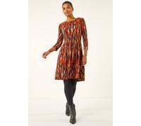 Roman Originals Animal Print Panel Stretch Dress for Women UK - Ladies Everyday Autumn Winter Round Neckline Comfy Soft Evening Vacation Work Party Night Out - Orange - Size 18