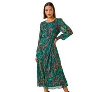 Roman Abstract Print Shirred Cuff Midi Dress for Women UK - Ladies Autumn Everyday Winter Holiday Round Neckline Comfy Long Sleeve Soft Belt Detail Frock Office Desk Gowns - Teal - Size 10