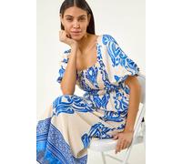 Roman Abstract Print Shirred Midi Dress In Off White Off White