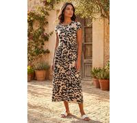 Roman Midi Dress with Pockets for Women UK Ladies Stretchy Jersey Maxi Long Short Sleeve Elasticated Gathered High Waist Boho Flattering Skater Swing Fit Flare - Abstract Stone Black - Size 12