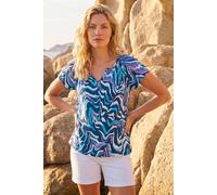 Roman Originals Abstract Print Hanky Hem Stretch Top for Women UK - Ladies Everyday Holiday Spring Summer V-Neckline Comfy Soft Evening Vacation Work Party