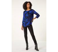 Roman Originals Women Hanky Hem Tunic Ladies Top Asymmetric Hemline Blouse Double Layer Mesh Overlay Jersey Stretchy Summer Spring Flattering 3/4 Sleeve Smart Casual Work - Royal Blue - Size 12