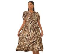 Roman Abstract Print Tie Front Smock Dress In Tan Tan 20