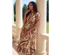 Roman Originals Abstract Print Tie Front Smock Dress for Women UK - Ladies Everyday Autumn Winter Round Neckline Comfy Soft Evening Vacation Work Party Night Out - Tan - Size 20