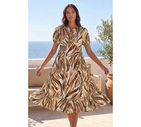 Roman Originals Abstract Print Tie Front Smock Dress for Women UK - Ladies Everyday Autumn Winter Round Neckline Comfy Soft Evening Vacation Work Party Night Out - Tan - Size 20
