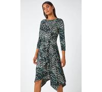 Roman Abstract Print Tie Waist Stretch Dress In Black Black 20