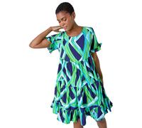 Roman Originals Smock Dress for Women UK Ladies Swing A Line Tiered Pocket Slouch Summer Spring Everyday Evening Work Holiday Short Sleeve Smart Casual Beach Lightweight Shift - Green Navy - Size 16