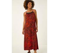 Roman Women's Abstract Print Trim Detail Midi Dress in Red | Size: 14 Roman Red 14