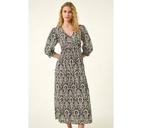 Roman Abstract Print V-Neck Midi Dress In Black Black
