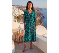 Roman Fit and Flare Dress for Women Ladies Chest Twist Knot Ruched Tea Skater Empire Waist Wedding Guest Smart Casual Swing Midi 3/4 Long Sleeve Knee Length - Green Blue Noir - Size 18