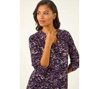 Roman Originals Shirt for Women UK Ladies Top Collarless Blouse Stretchy Tunic Smart Casual Autumn Winter Jersey 3/4 Length Sleeve Notch V Neck Flattering Office Work - Abstract Purple - Size 20