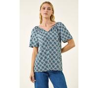 Roman Women's Abstract Print V-Neck Stretch Top in Blue | Size: 18 Roman Blue 18