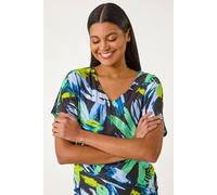 Roman Originals Blouson Top for Women Ladies Bubble Hem Stretchy Jersey Puff Sleeve Summer Smart Casual Office Work Spring Everyday Evening Vacation Work Holiday V Neck - Abstract Navy Blue - Size 18