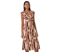 Roman Abstract Print V-Neck Twist Midi Dress for Women UK - Ladies Spring Everyday Summer Holiday V-Neckline Comfy Cap Sleeve Soft Fit & Flare Frock Dinner Date Gowns - Tan - Size 18