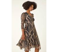 Roman Originals Abstract Print Wrap Midi Dress for Women UK - Ladies Everyday Holiday Autumn Winter Pull-On V-Neck 3/4 Sleeves Comfy Soft Vacation Work - Black - Size 12