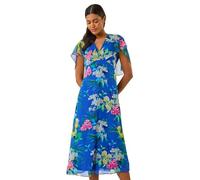 Roman Abstract Printed Cape Dress for Women UK - Ladies Spring Everyday Summer Holiday V-Neckline Comfy Short Sleeve Soft Fit & Flare Midi Frock Diner Date Gowns - Blue - Size 10