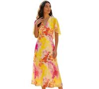 Roman Abstract Printed Cape Dress for Women UK - Ladies Spring Everyday Summer Holiday V-Neckline Comfy Short Sleeve Soft Fit & Flare Midi Frock Diner Date Gowns - Pink - Size 16