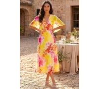 Roman Abstract Printed Cape Dress for Women UK - Ladies Spring Everyday Summer Holiday V-Neckline Comfy Short Sleeve Soft Fit & Flare Midi Frock Diner Date Gowns - Pink - Size 14