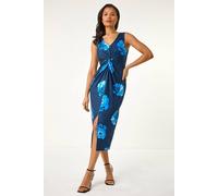 Roman Originals Twist Front Midi Dress for Women UK - Ladies Everyday Autumn Winter Round Neckline Comfy Soft Evening Vacation Work Party Night Out - Navy Floral - Size 12