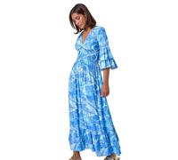 Roman Abstract Ruffle Detail Shirred Maxi Dress for Women UK - Ladies Spring Everyday Summer Holiday V-Neckline Comfy 3/4 Sleeve Soft Frill Hem Frock Beach Vacation Gowns - Blue - Size 12