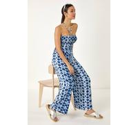 Roman Originals Abstract Print Shirred Bandeau Jumpsuit for Women UK - Ladies Everyday Holiday Spring Summer Bandeau Neckline Comfy Soft Evening Vacation Work Party - Navy - Size 18