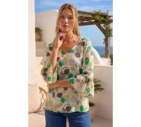 Roman Abstract Print Frill Detail Top for Women UK - Ladies Everyday Summer Holiday V-Neckline Comfy 3/4 Sleeve Soft Relaxed Fit Shirt Daywear Vacation Blouses - Abstract Emerald Cream - Size 16